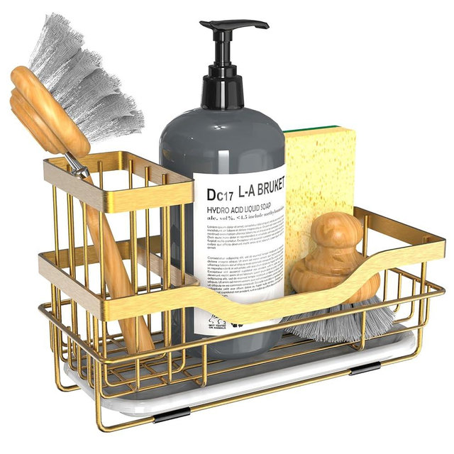 Vanwood Sponge Holder for Kitchen Sink Caddy Organizer with Brush Holder & Drain Tray, Rustproof Dish Soap Sponge Caddy for Kitchen Sink Counter - Storage Kitchen & Home Accessories