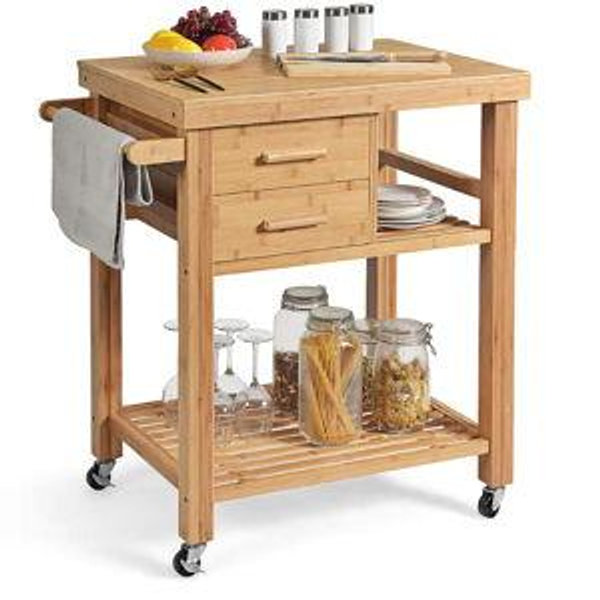 Costway - Bamboo Kitchen Trolley Cart Wood Rolling Island w/ Tower Rack & Drawers - Natural