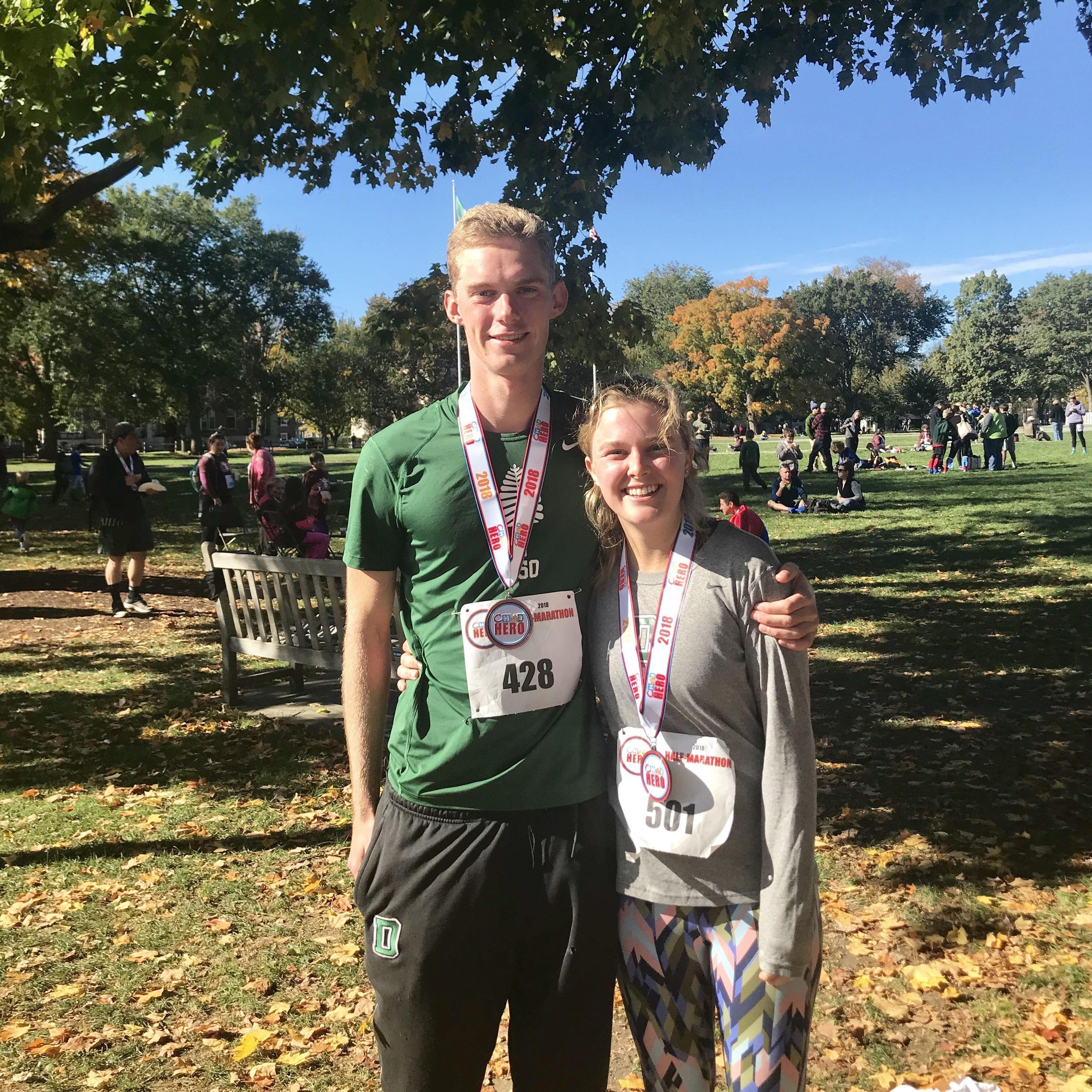 Classic example of both of us doing a half marathon - Fall 2019. We do this constantly still. At the same pace!
