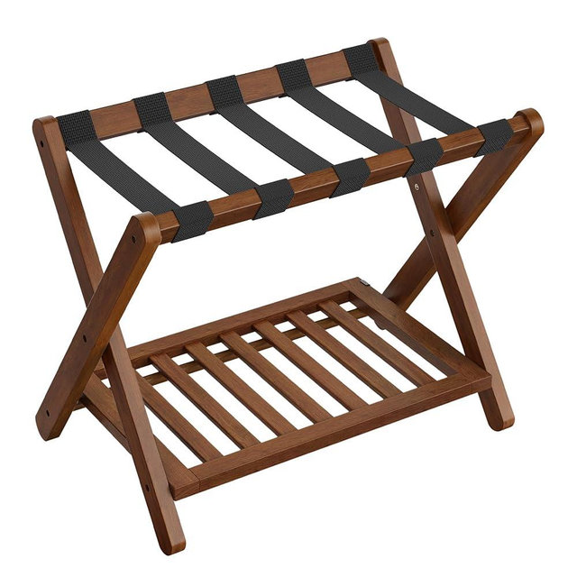 SONGMICS Solid Wood Luggage Rack, No Assembly Required, Foldable Suitcase Stand, Luggage Holder, with Storage Shelf, for Guest Room, Hotel, Bedroom, Coffee Brown URLR020K02