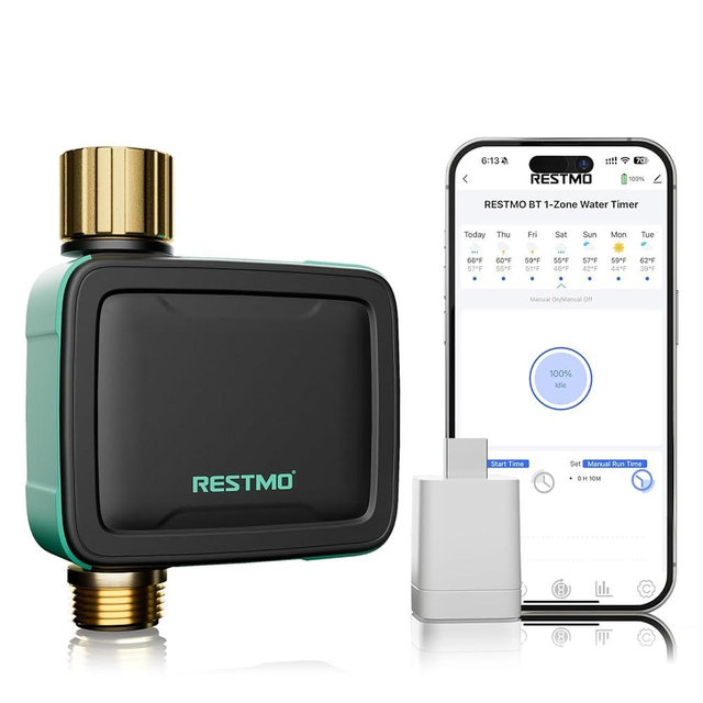 RESTMO Smart Sprinkler Timer with Flow Meter, Water Timer for Garden Hose, Brass Inlet & Outlet, Automatic Lawn & Yard Irrigation Watering System, APP Remote Control (2.4Ghz WiFi Connection)