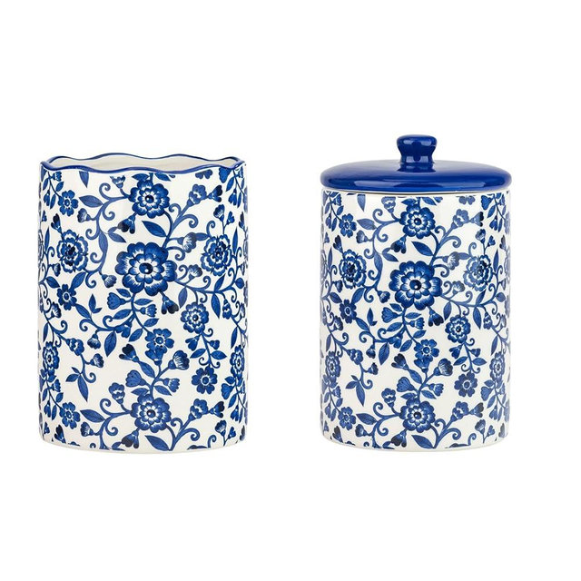 10 Strawberry Street Bella Utensil Crock & Canister Set, Blue Jacobean Kitchen Counter Storage (Blue Jacobean)
