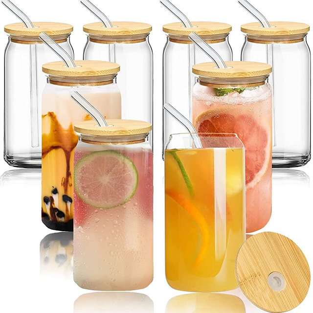 LMHEJING 8 Pieces 16oz Drinking Glasses with 8 Pcs Reusable Glass Straw, Glass Cups Reusable Beer Can Glass for Pop Beer or Iced Coffee (Clear with Lids（8Pcs）)