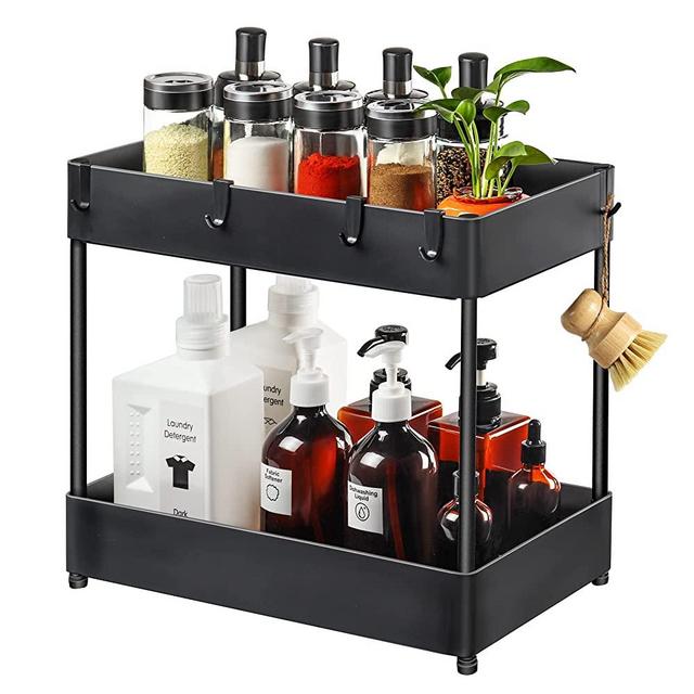 Under Sink Organizer, Multi-purpose Under Sink Storage, 2 Tier Under Sink Organizers and Storage, Under Bathroom Sink Organizers and Storage with Hooks for Bathroom and Kitchen
