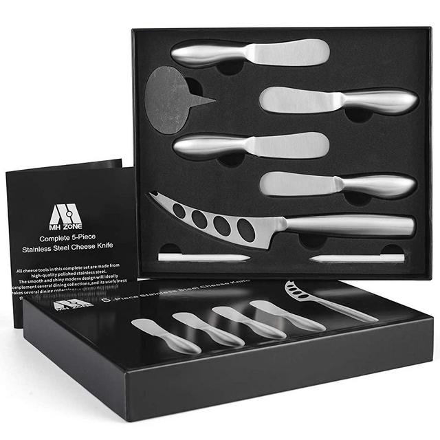 MH ZONE Cheese Spreader Knife Set 5-Piece, 5 Stainless Steel Cheese Knife Butter Spreader Knives With 3 Chalk Labels & 2 -Chalk Markers, Perfect Christmas Gifts