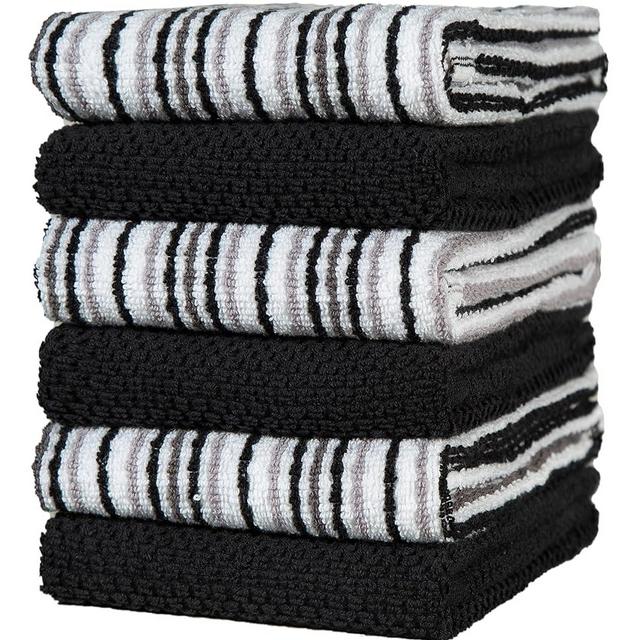 Kitchen Towels 16”x 26”- 6 Pack | Large Cotton Kitchen Hand Towels | Dish Towels | Popcorn Stripe Design | 400 GSM Highly Absorbent Tea Towels Set with Hanging Loop | Dish Towels for Kitchen | Black