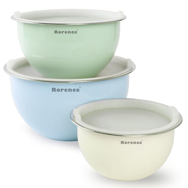 Rorence Stainless Steel Mixing Bowls: Color Painting Metal Mixing Bowl Set with Lids Nesting Bowls for Kitchen Set of 3