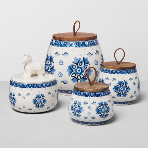 Large Floral Stoneware Canister with Wood Lid Blue/White - Opalhouse™
