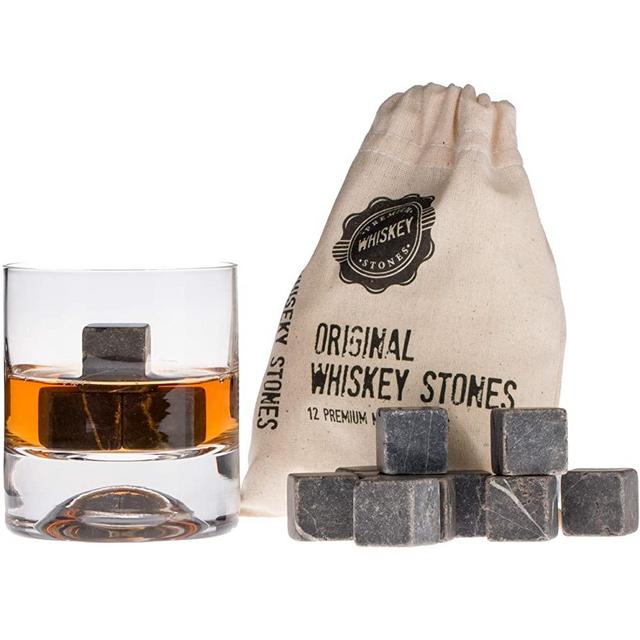 Premium Whiskey Stones Gift Set with 12 Pcs Stones and Bag. Whiskey, Bourbon, Cognac, Scotch,Gin, Wine Beverage. Marble Reusable Ice Cubes. Birthday Gift for Whiskey Lovers.