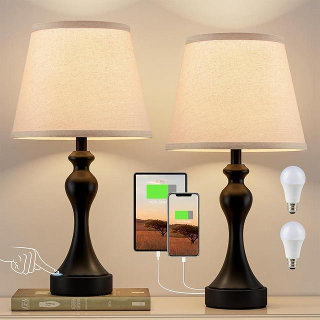 Bedroom Lamps Set of 2 - Bedside Lamps with USB A+C Ports, 3 Way Dimmable Table Lamps for Night Stands, Touch Lamps for Nightstand with Metal Base for Bed Side Table Living Room(Bulbs Included)