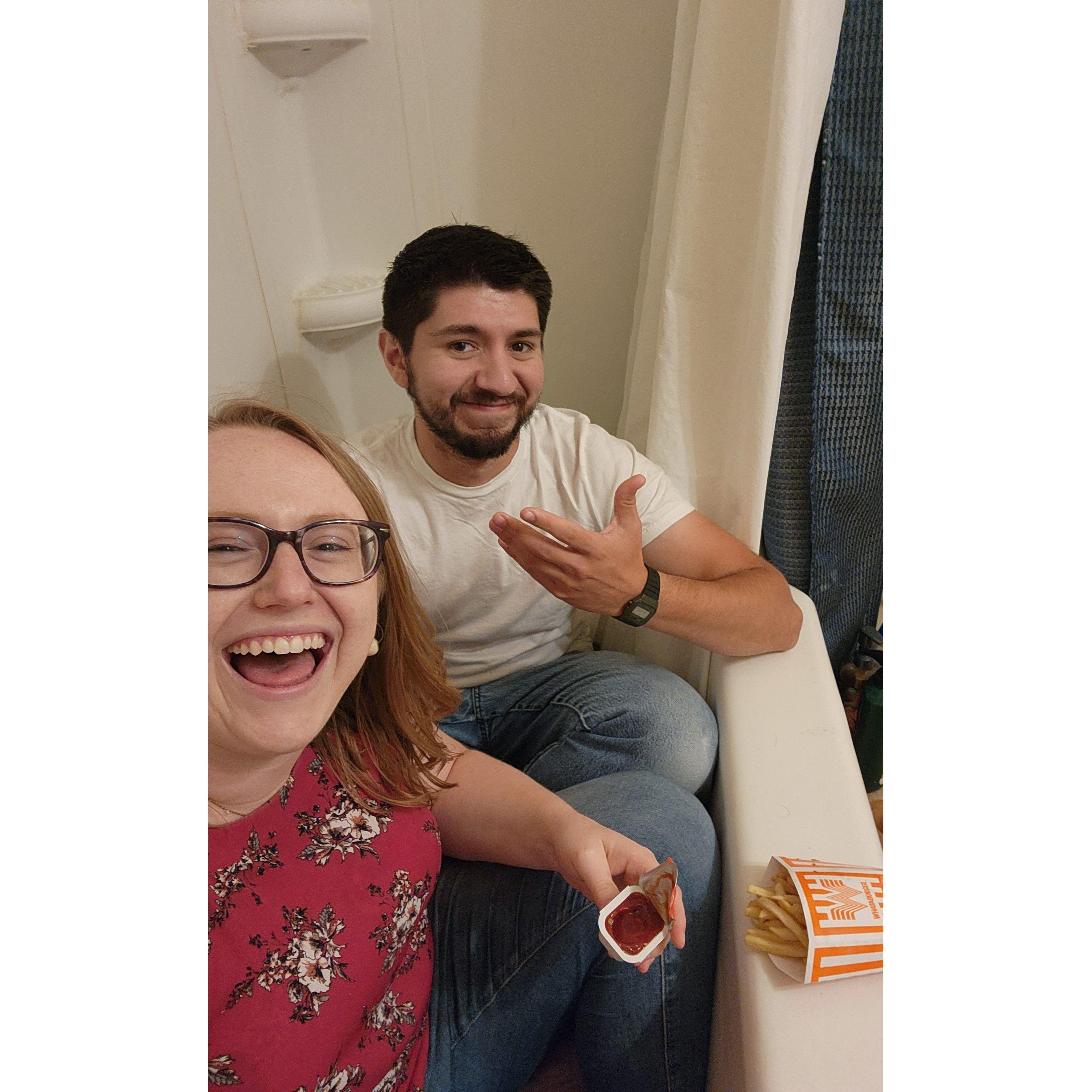 Our anniversary was spent hiding from a tornado in the bathtub