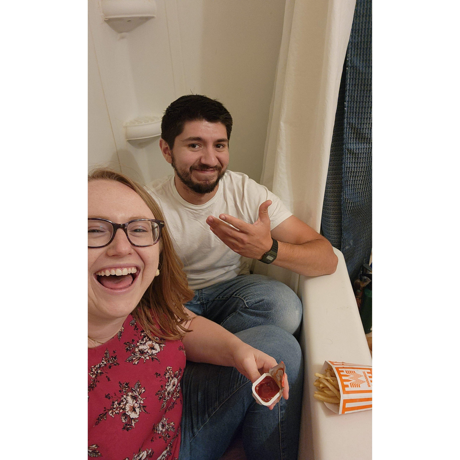 Our anniversary was spent hiding from a tornado in the bathtub