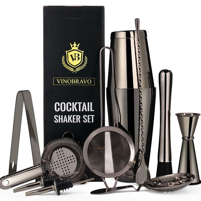 Vinobravo 11-Piece Black Boston Cocktail Drink Shaker Set Made From 304 Stainless Steel Bar Tools Bartender Kit with Recipe of 30 Classic Mixing Drinks