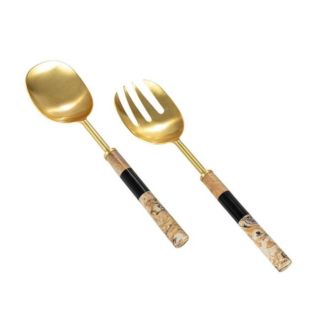 Creative Co-Op Stainless Steel Salad Servers with Marbled Resin and Mango Wood Handles,Multicolor, Medium, Multi
