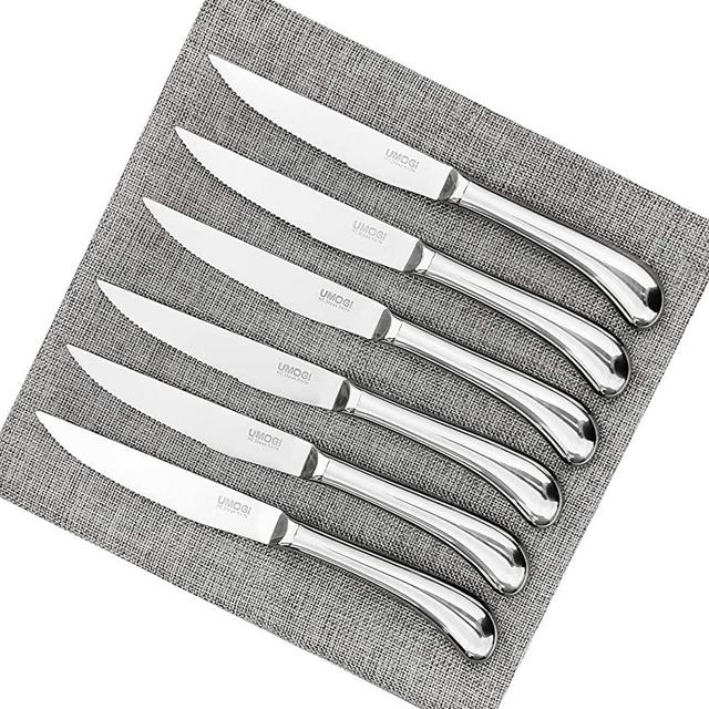 Steak Knives Set of 6 - Premium Stainless Steel, Dishwasher Safe - Polished Shiny Blade & Handle - Serrated Edge - Kitchen Table Knife Set, 4.5’’ Dinner Knives Non Straight UMOGI