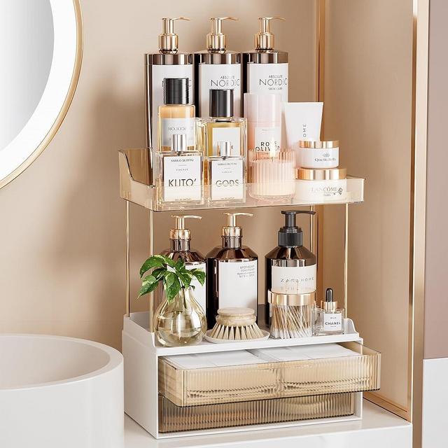 Delamu 2-Tier 2-Drawer Bathroom Organizer Countertop, Multi-Purpose Makeup Organizer Countertop, Large Skincare Organizers, Exquisite Vanity Organizer, Amber