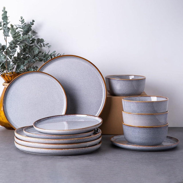 GBHOME Ceramic Dinnerware Sets for 4, 12 Pieces Stoneware Plates and Bowls Sets, Chip and Scratch Resistant Dishes, Dishwasher & Microwave Safe, Reactive Blue
