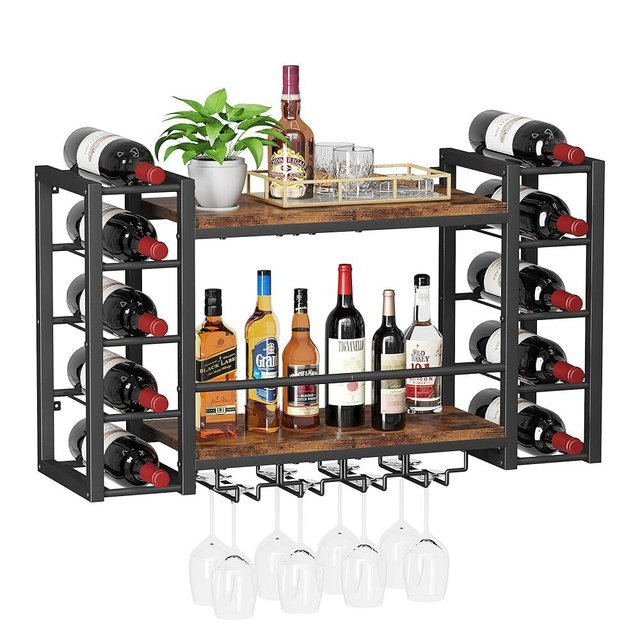 Homeiju Wall Mounted Wine Rack for 10 Bottles, Metal Wine Shelf Storage with Top Enclosure, Heavy Duty Black Bar Decor for Home, Kitchen, Bar (31.7" W x 9.8" D x 19.7" H)