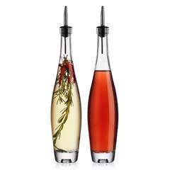Home to Table Elegant Set of 2 14oz Teardrop Oil and Vinegar Cruet Dispenser Bottles Clear Glass- Stainless Steel Jigger For Easy Flow
