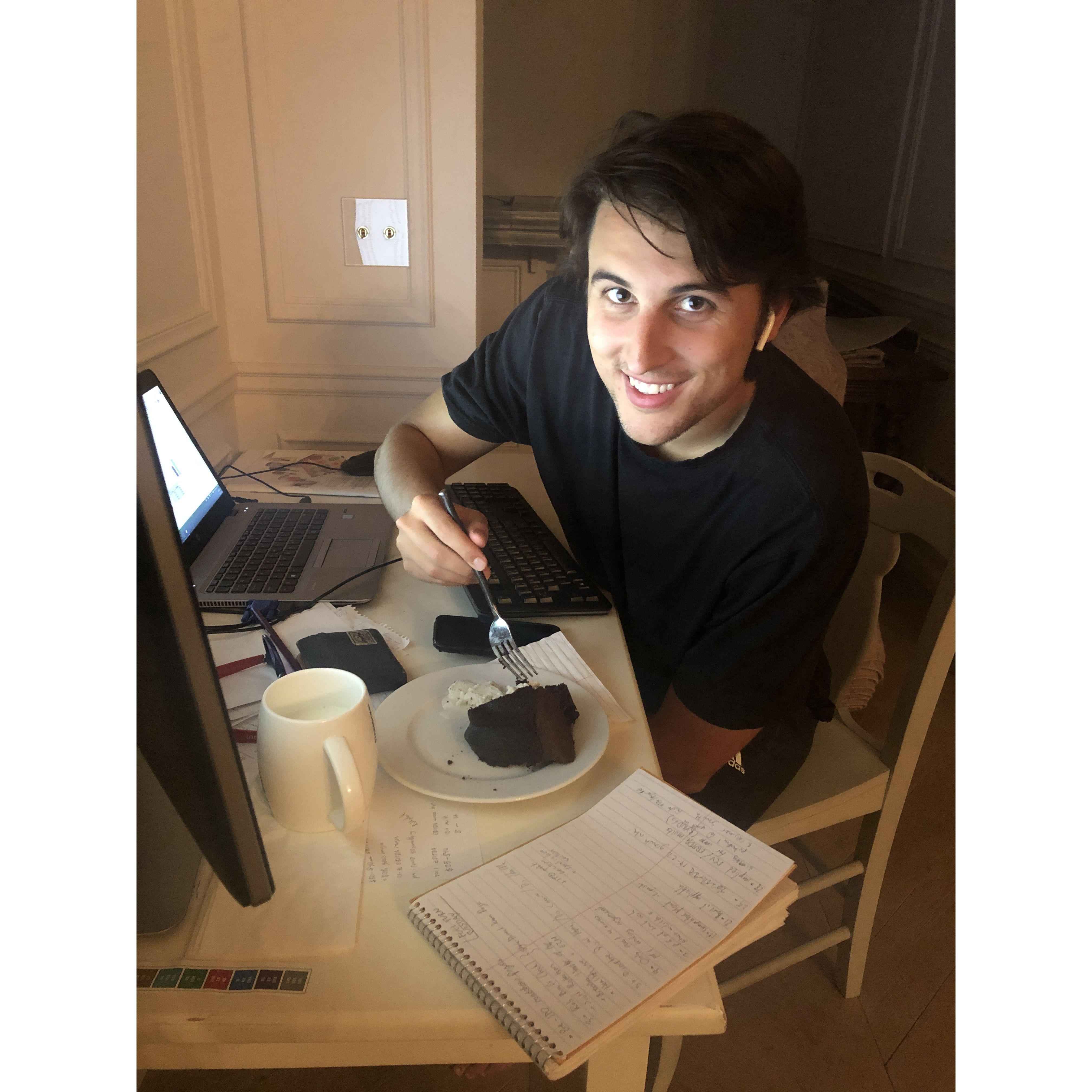 During the pandemic, Sebastian moved into Julia’s family home. It took him no time at all to get comfortable. Julia's mom still calls their living room 'Sebastian's office.'