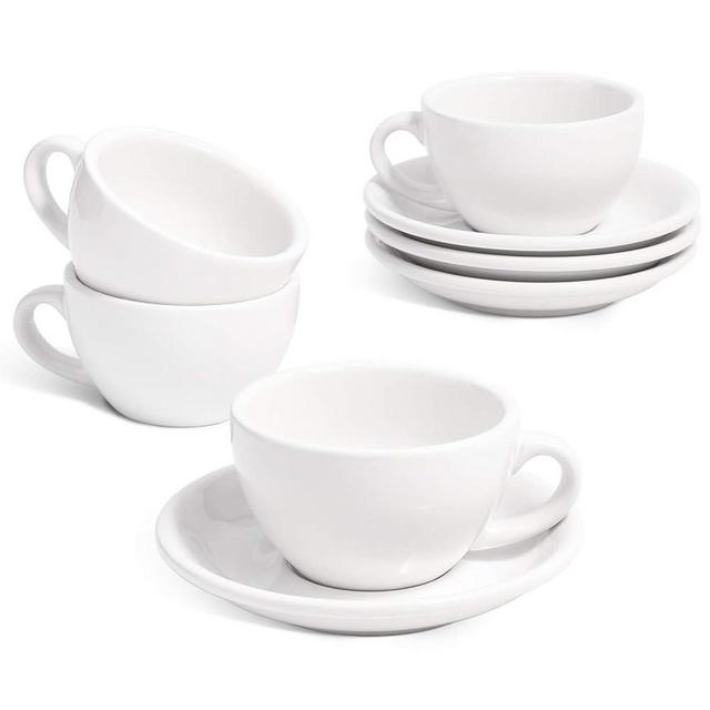 LE TAUCI 8 oz Cappuccino Cups with Saucers，Ceramic Large Coffee Cup for Au Lait, Double shot, Latte, Cafe Mocha, Tea - Set of 4, White