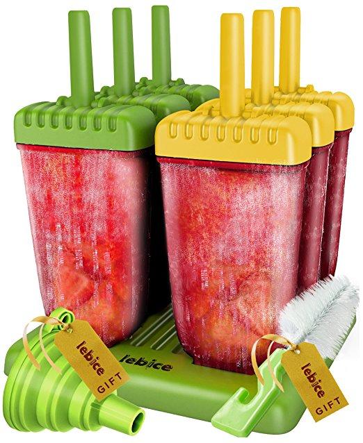Popsicle Molds Set - BPA Free - 6 Ice Pop Makers + Silicone Funnel + Cleaning Brush + Ice Cream Recipes E-book - by Lebice