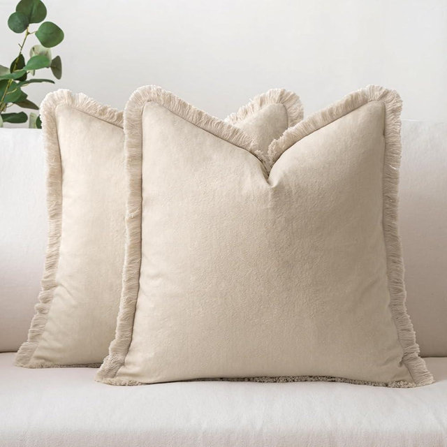 MIULEE Throw Pillow Covers Boho Farmhouse 26x26 Set of 2 Decorative Beige Eruo Sham Couch with Fringe Chic Cotton Pillowcases Home Decor Accents for Cushion Soft Bed Living Room