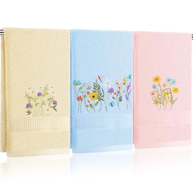 Tingjoo Wildflower Hand Towels Farmhouse Pink Blue Yellow Wildflower Bathroom Decor 14x29 Inch Embroidered Decorative Cute Spring Summer Cotton Soft Absorbent Towels for Bathroom Kitchen