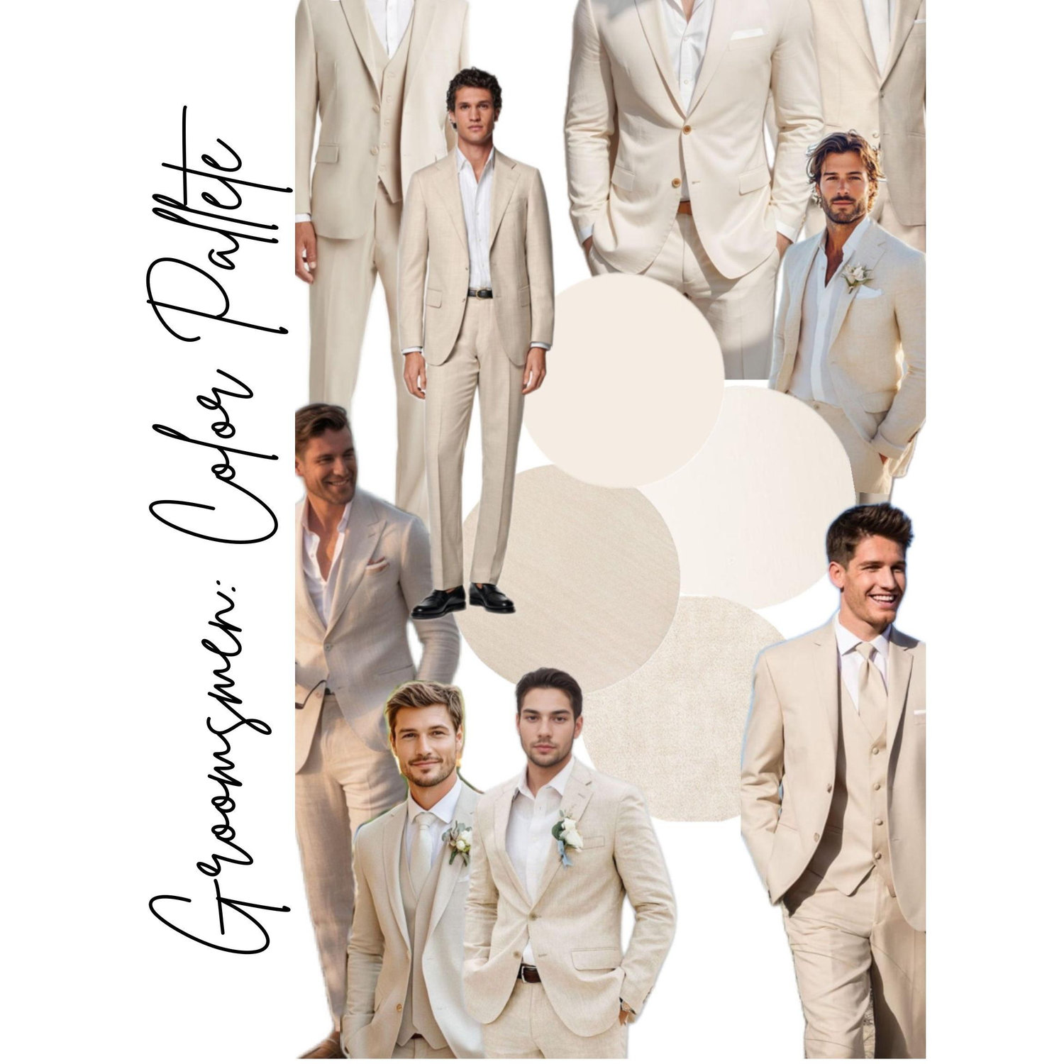 Groomsmen will wear tailored cream suits for a refined and graceful look.