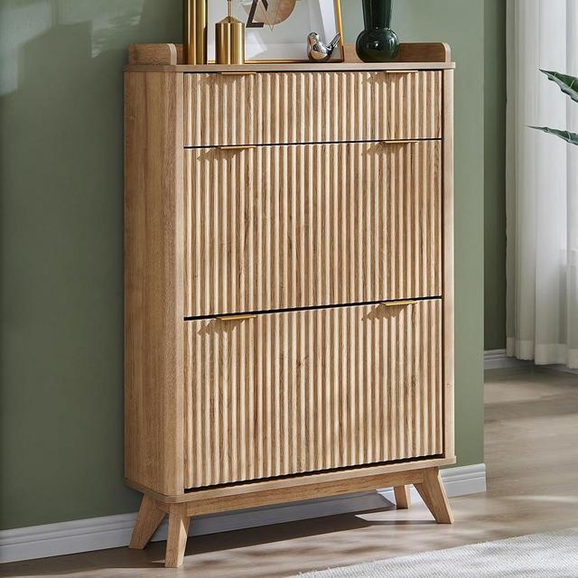 T4TREAM Fluted Shoe Storage Cabinet with 2 Flip Drawers & Top Drawer, 48" Tall Narrow Shoe Organizer, Curved Profile Design, Wooden Shoe Rack for Entryway, Living Room, Hallway - Natural Oak