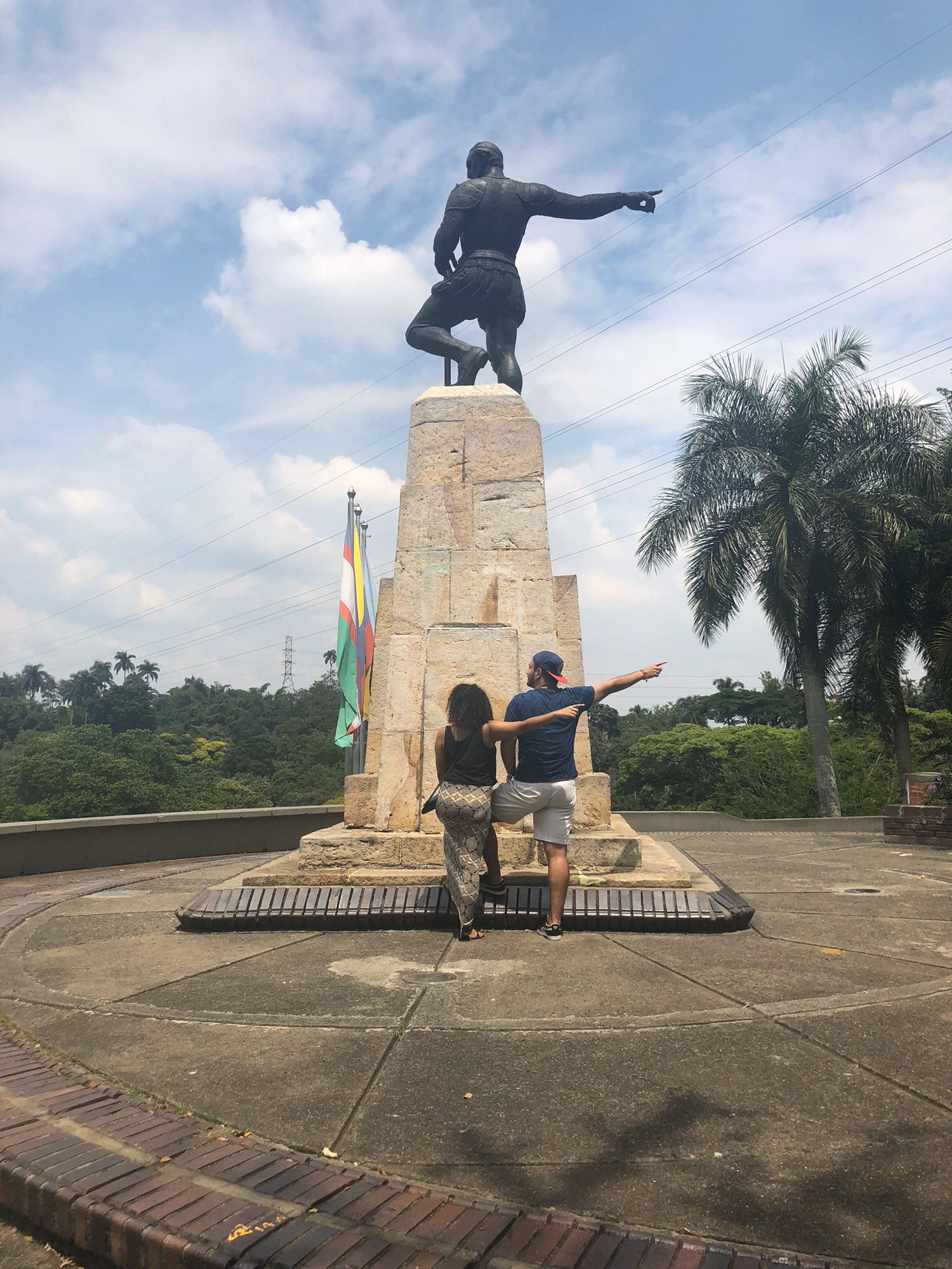 Posing with Sebastián de Belalcázar in Cali, Colombia