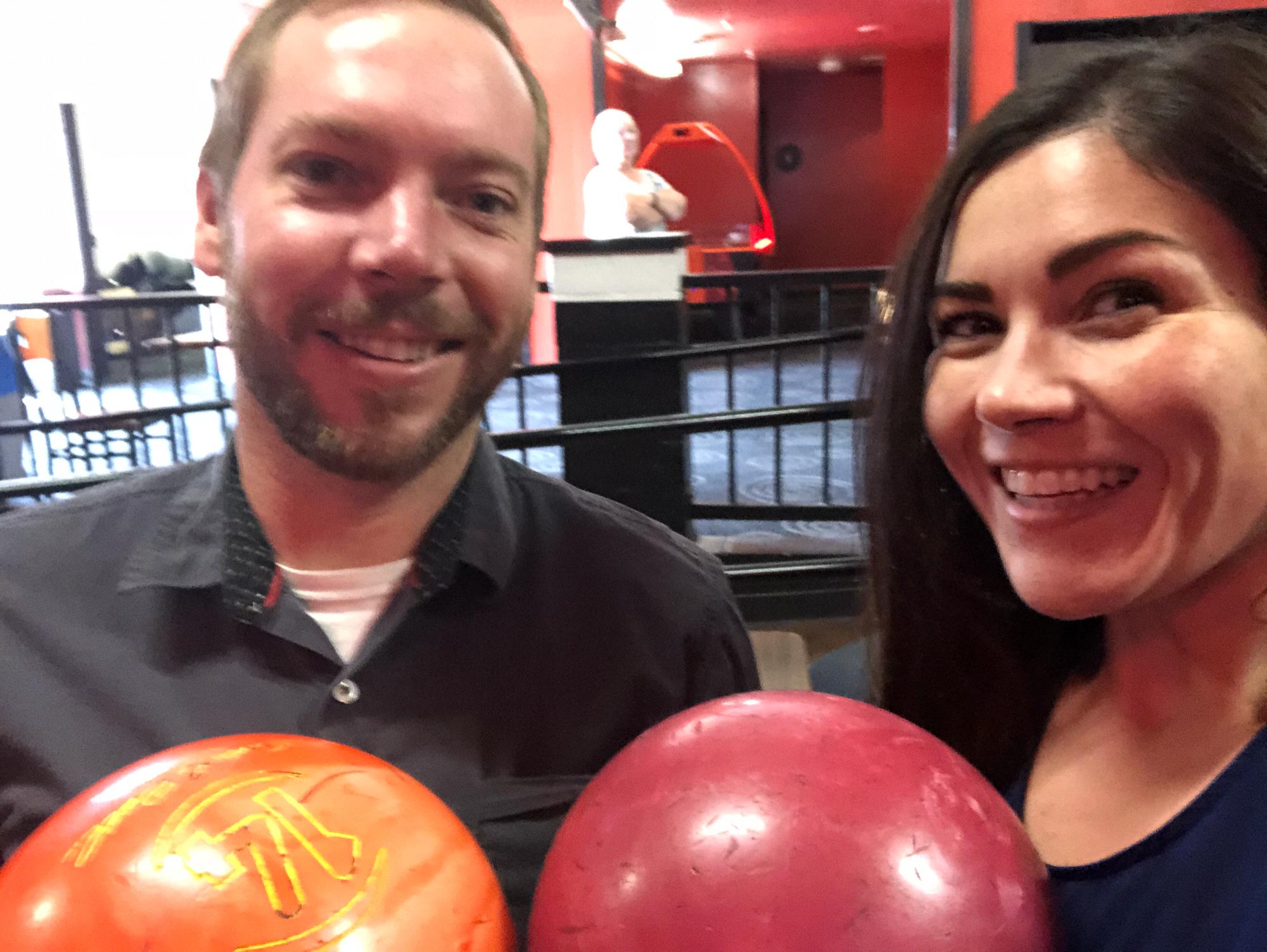 Our first bowling game. He won by a mile.