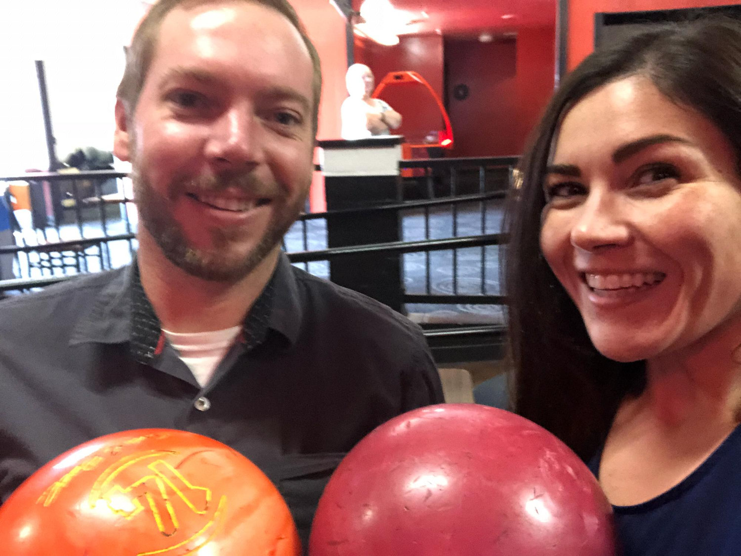Our first bowling game. He won by a mile.