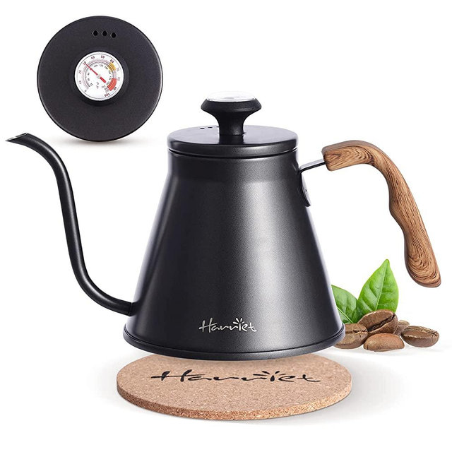 Gooseneck Kettle, Harriet 37oz (1.1L) Pour Over Kettle with Built-in Thermometer Coffee Kettle with Anti-Hot Handle, Anti-Rust Stainless Steel with Flow Spout Design For Drip Coffee
