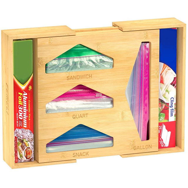 FEMELI Ziplock Bag Storage Organizer, Expandable Kitchen Drawer Baggie Holder, Bamboo Food Plastic Wrap Dispenser, Compatible with Gallon, Slider Quart, Sandwich, Freezer & Snack Size Bag, Fits for 12'' Aluminum Tin Foil and Wax Paper