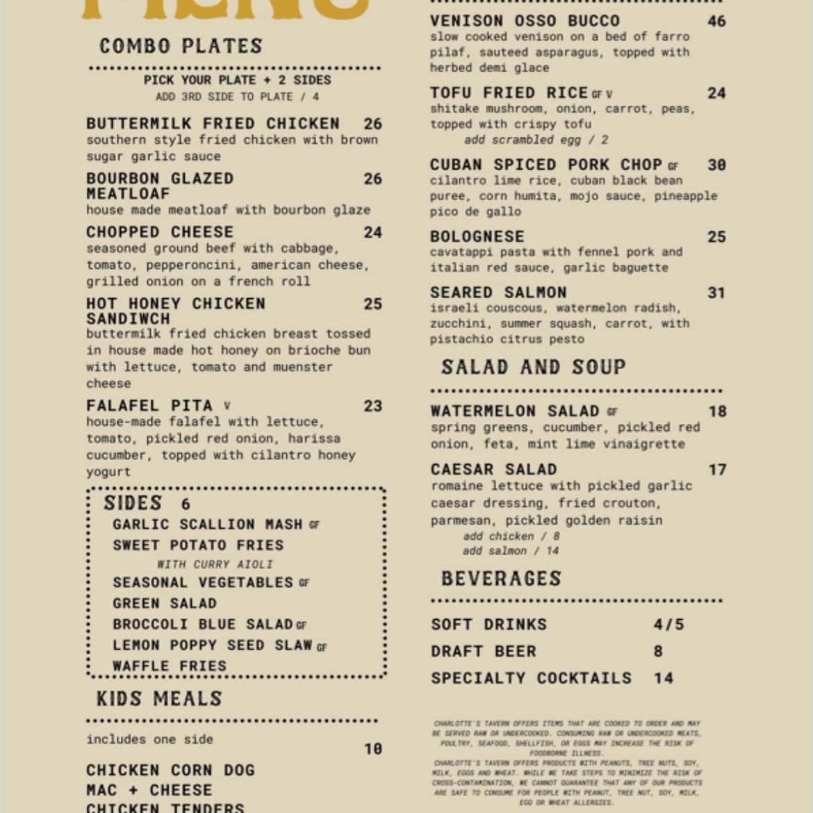 Dinner will be available for purchase from Hotel Charlotte’s restaurant Charlotte’s Tavern. Here is the menu!