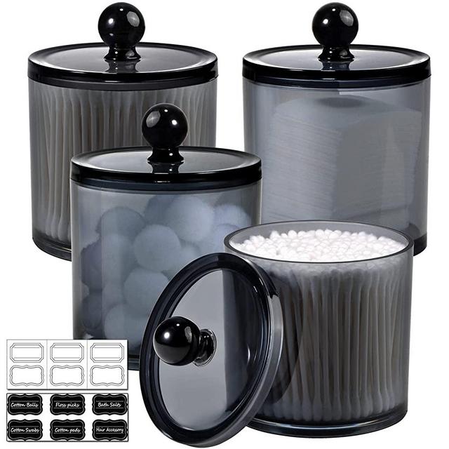 SheeChung 4 Pack Plastic Acrylic Bathroom Vanity Countertop Canister Jars with Storage Lid, Apothecary Jars Qtip Holder Makeup Organizer for Cotton Balls,Swabs,Pads,Bath Salts (Black, 20 Oz)