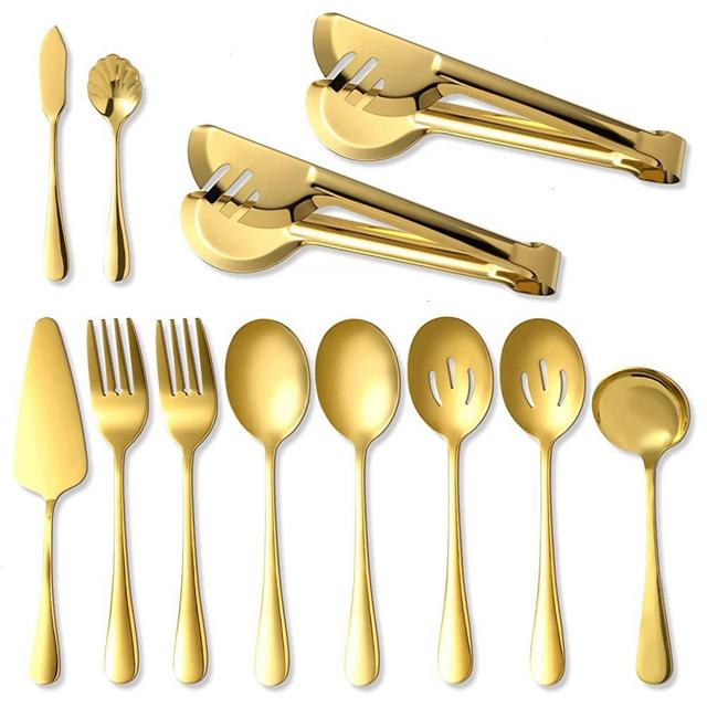 Gold Serving Utensils,12 Pcs Stainless Steel Serving Utensil with Serving Spoon,Slotted Spoons,Serving Forks,Soup Ladle,Serving Tongs,Pie Server,Butter Knife Serving Utensils Set for Parties,Buffet…