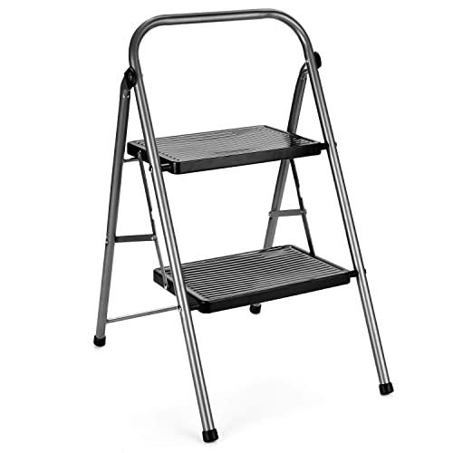 Delxo 2 Step Ladder Folding Step Stool Ladder with Handgrip Anti-Slip Sturdy and Wide Pedal Lightweight 2 Step Stool Multi-Use for Household and Office Portable Step Stool Steel 300lbs (2 feet)