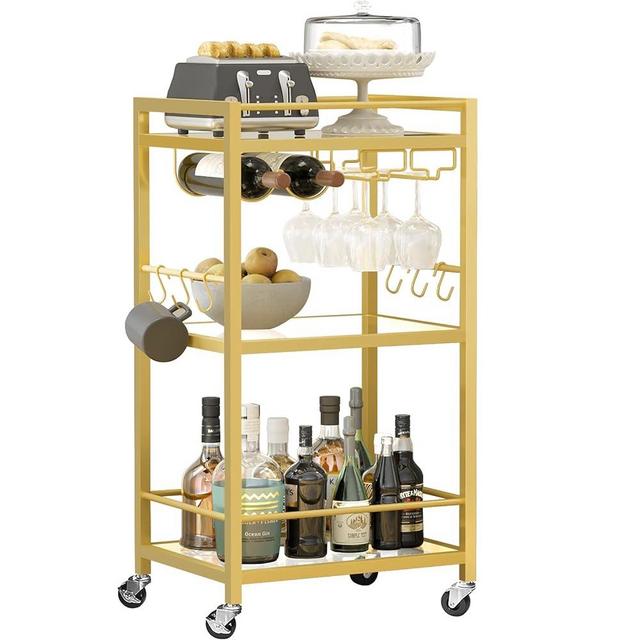 TUTOTAK Bar Cart, Home Bar Serving Cart, Microwave Cart, Drink Cart, Mobile Kitchen Shelf with Wine Rack and Glass Holder, Rolling Beverage Cart, Gold BC01BB033