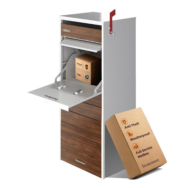 Stonemore Cali USPS Compatible Mailbox, Snow White/Walnut Package Mailbox, Anti-Theft Locking Parcel Drop Box for Porch Or Curbside, Large Mailbox for Packages, Weather-Sealed Powder Coated Steel