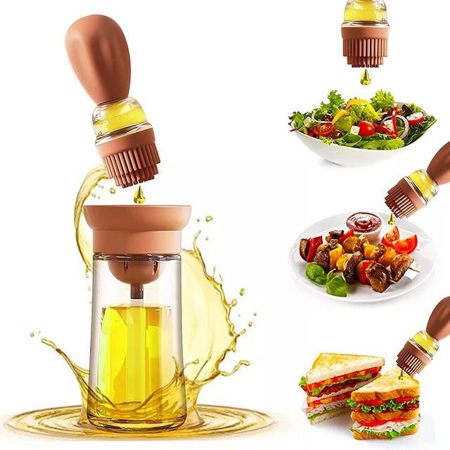 Aililiya Glass Olive Oil Dispenser Bottle With Silicone Brush:2-In-1 Silicone Dropper Measuring Oil Dispenser Bottle for Kitchen Cooking, Frying, Baking, BBQ Pancake, Air Fryer, Marinating (Brown)…