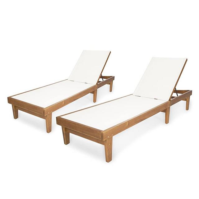 Christopher Knight Home 304497 Shiny Outdoor Wood Chaise Lounge (Set of 2), Teak Finish/White Mesh