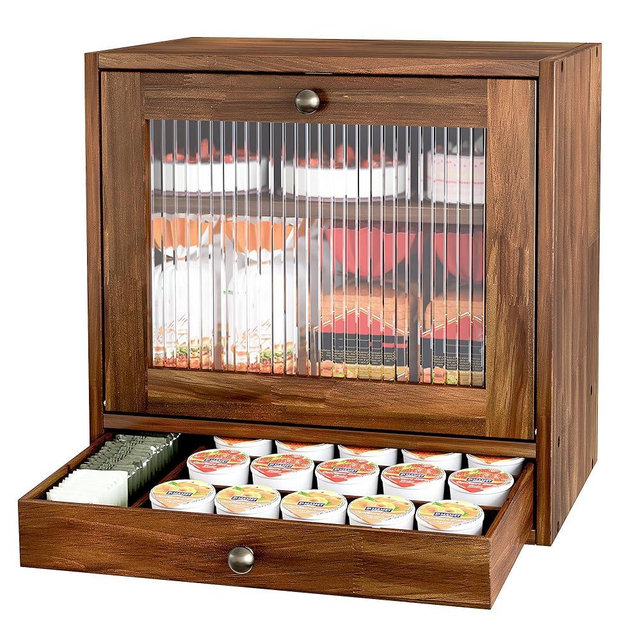Alpeir Wooden Bread Box for Kitchen Countertop - Solid Wood Adjustable Shelves & Drawer Farmhouse Style, Acrylic Window Bread Storage Container, Retro Brown