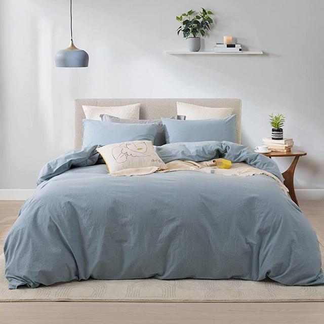 Ventidora Duvet Cover Set 100% Washed Cotton Light Blue 3 Piece Bedding Set Full Queen Size,Luxury Soft and Comfortable 1200 Thread Count,with 8 Corner Ties(1 Duvet Cover+2 Pillowcases) 90x90Inches