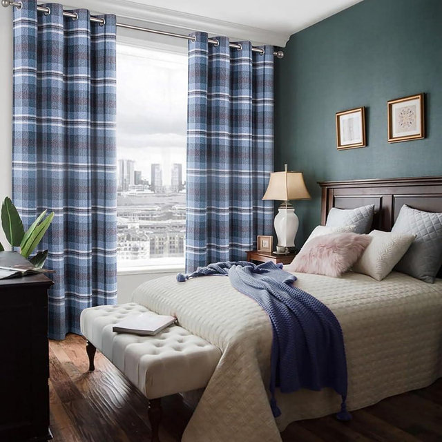 always4u Woolen Look Check Curtains 100% Blackout Highland Tartan Curtain for Living Room Bedroom Grommet Lined Window Drapes 2 Panels Navy Blue 54 * 63 Inches