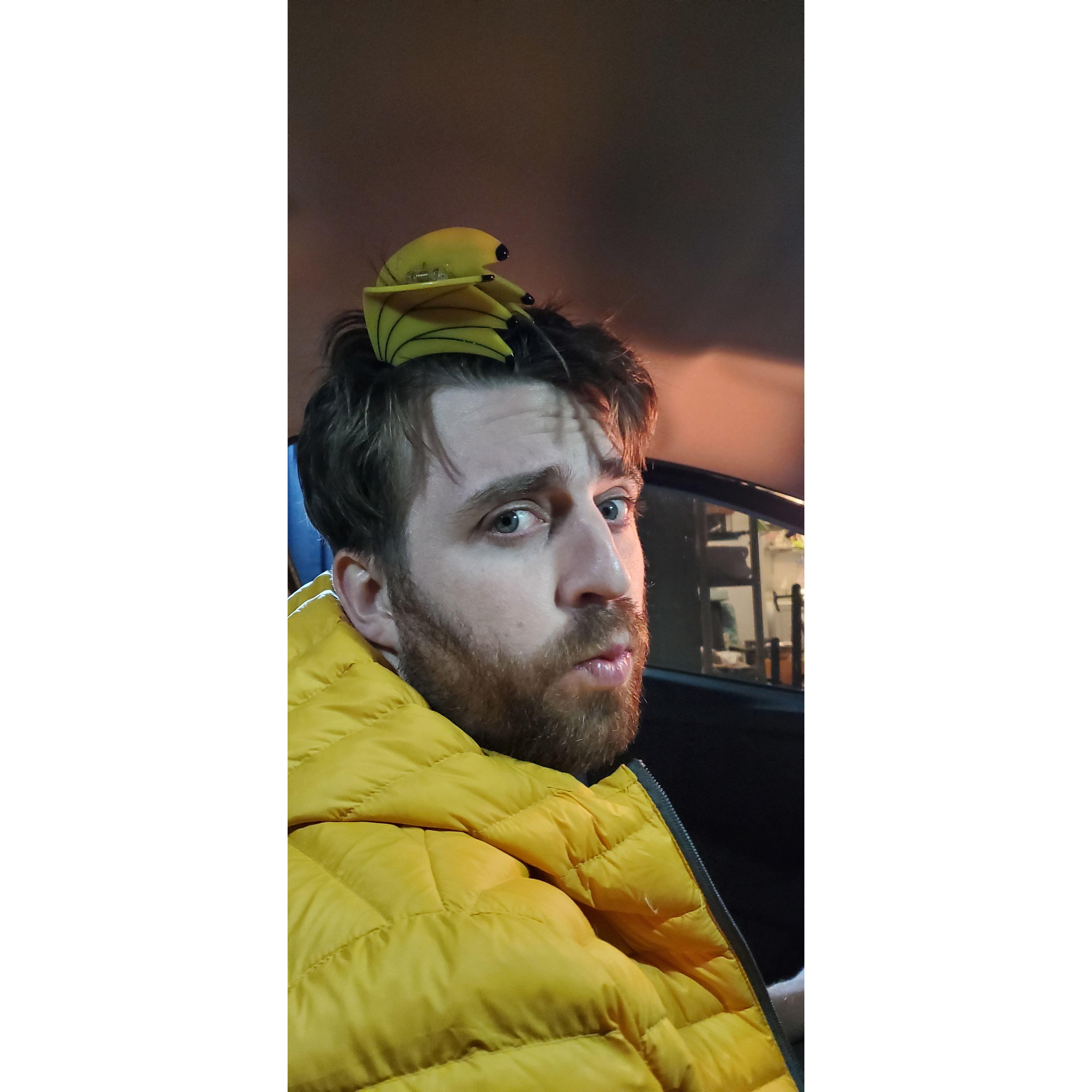 Austin rocking Sophie's favorite banana hair clip.