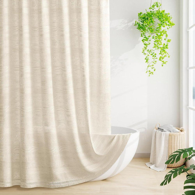 Craidlela Boho Farmhouse Shower Curtain Set with Tassel, Modern Bohemian French Country Chic Bathroom Shower Curtain Set, Linen Striped Textured Shower Curtain 72x72 - Beige/Cream