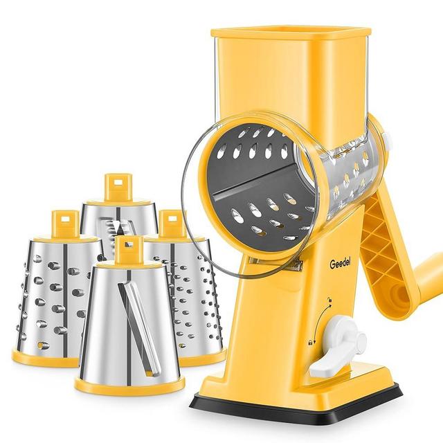 Geedel Rotary Cheese Grater - Upgraded Vegetable Shredder with 4 Interchangeable Blades, Easy to Clean Cheese Shredder with Handle, Kitchen Grater Nuts Grinder for Cutting Cheese, Vegetable, Nuts