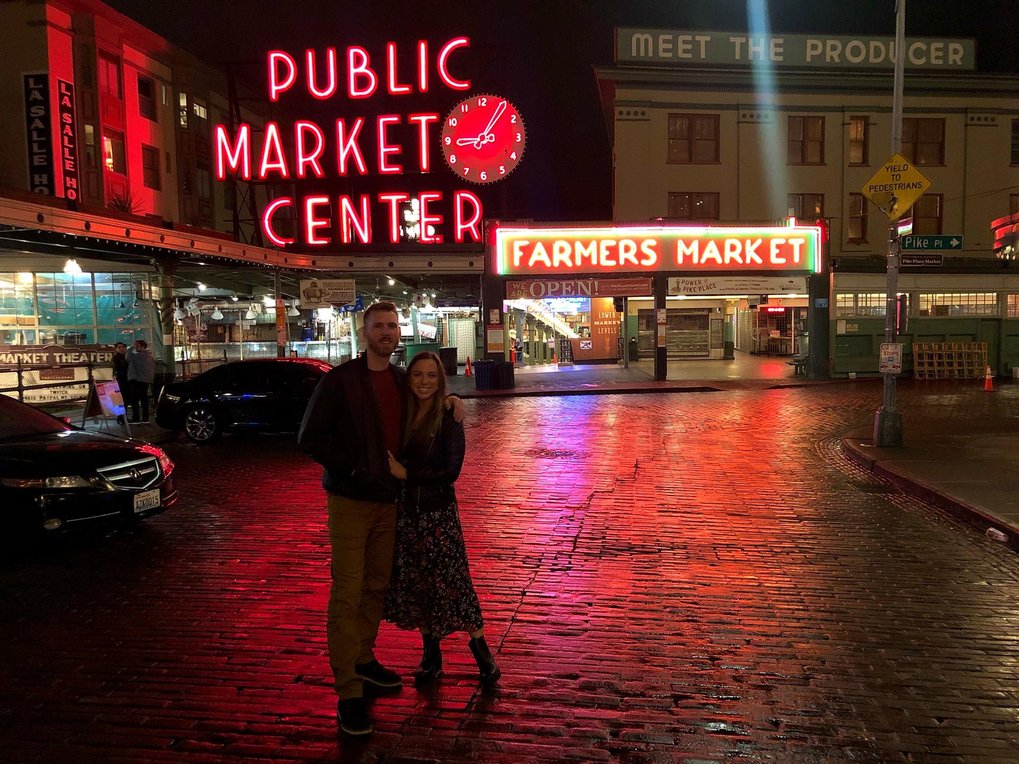 Us in front of the Seattle Public Market while on a trip to Washington